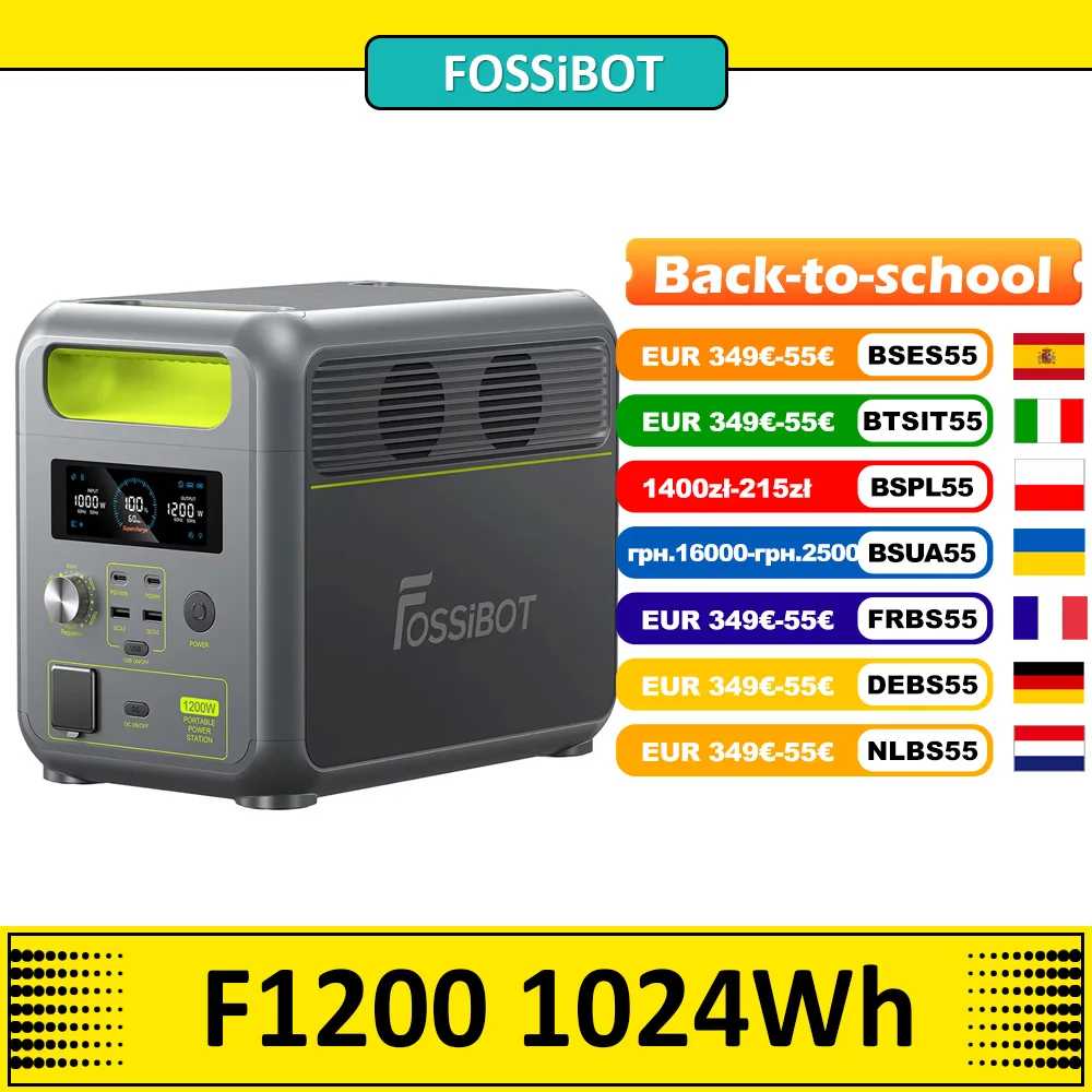FOSSiBOT-estacion de energia portatil F1200, capacidad de 1024WH, potencia nominal de 1200W, 3 modos de luz LED, 7 puertos de salida, proteccion BMS