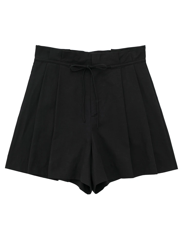 PAILETE Women 2023 fashion side pockets front darted linen bermuda shorts vintage high waist zipper fly female short pants mujer