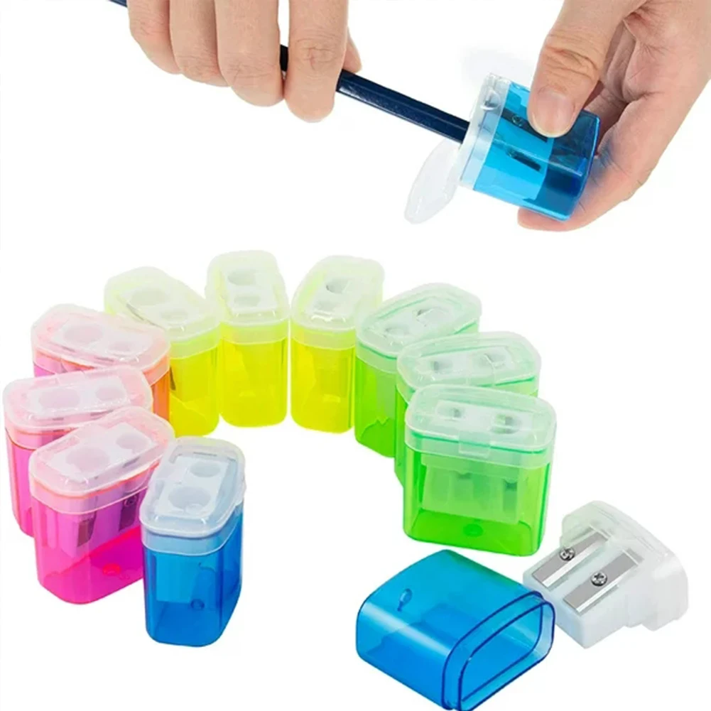 

12pcs Kids Plastic Transparent Pencil Sharpener Double Hole Pencil Sharpener with Lid School Student Stationery Office Supplies
