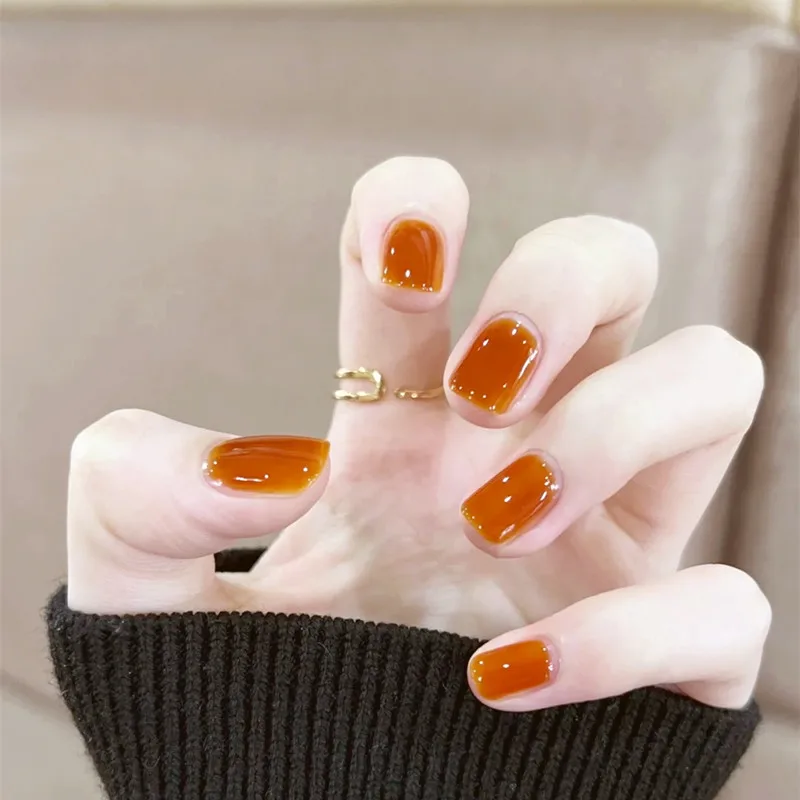

24pcs Glossy Pumpkin Color False Nail Gentle Short Fake Nail For Women And Girl 24pcs French Style Fake Patch Paster False Nails