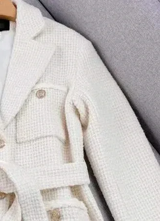 

Women Tweed Pockets Notched Waist Lace-up Cardigan Mid-length Coat