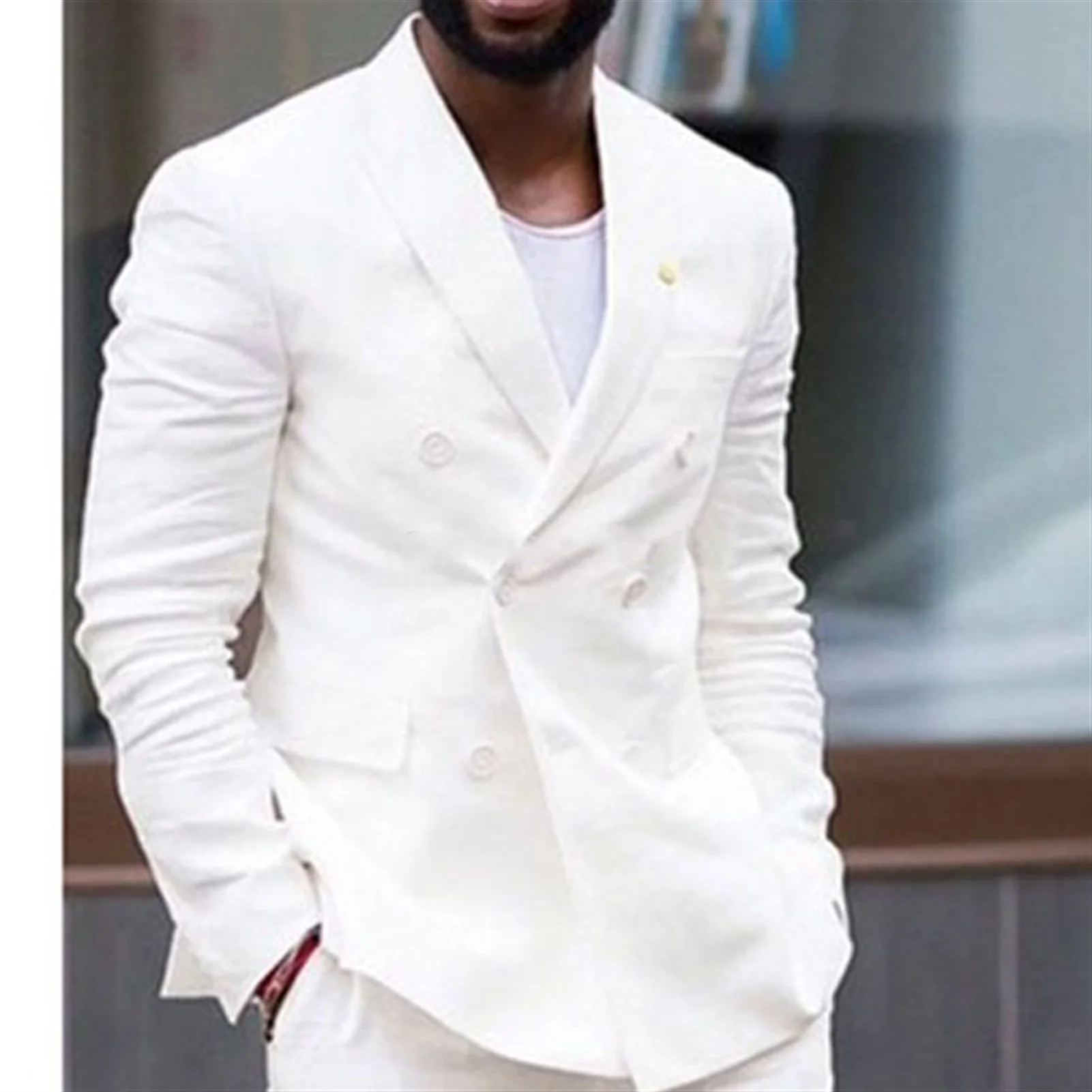 2022 Newest White Linen Summer Men's Suit Double Breasted Two Piece Slim Shorts Jacket Casual Fashion Wedding Groom Tuxedo