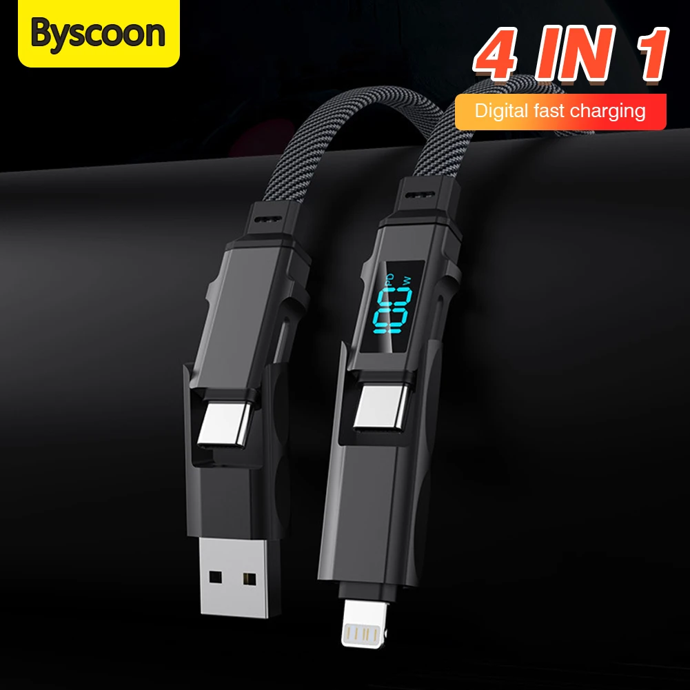Кабель Byscoon 4 в 1 PD 100 Вт USB Type C для iPhone 15 14 13 Samsung Xiaomi Redmi OPPO Быстрая передача данных