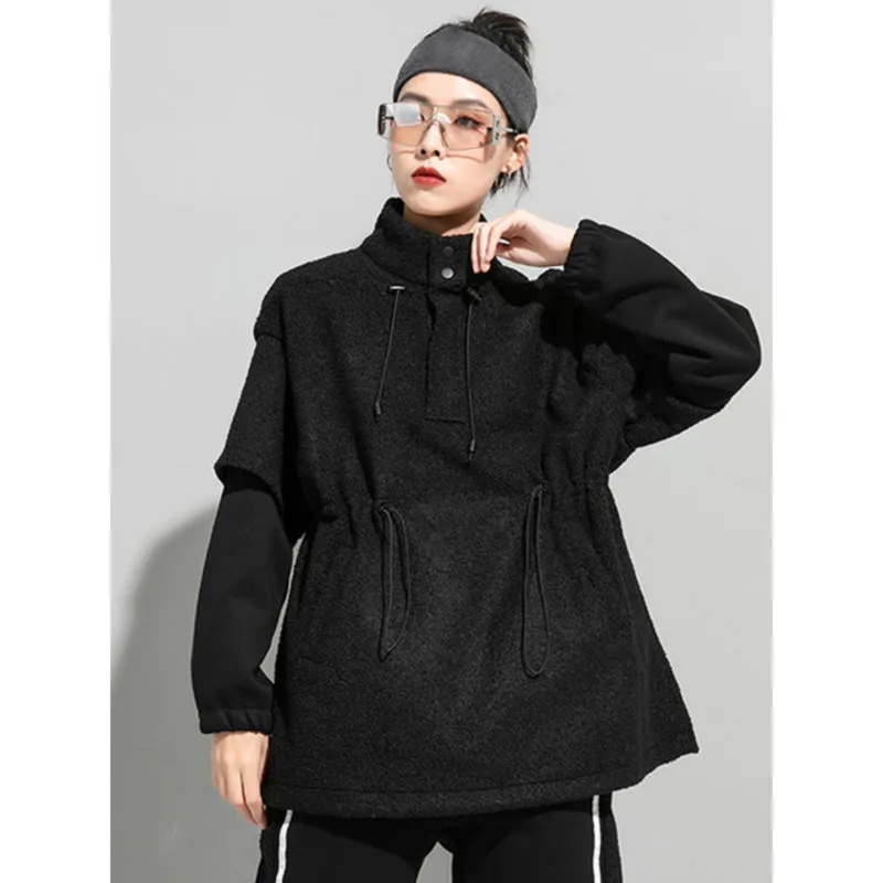Loose Fit Black Drawstring Sweatshirt New Turtleneck Long Sleeve Women Big Size Fashion Tide Spring Autumn 2022