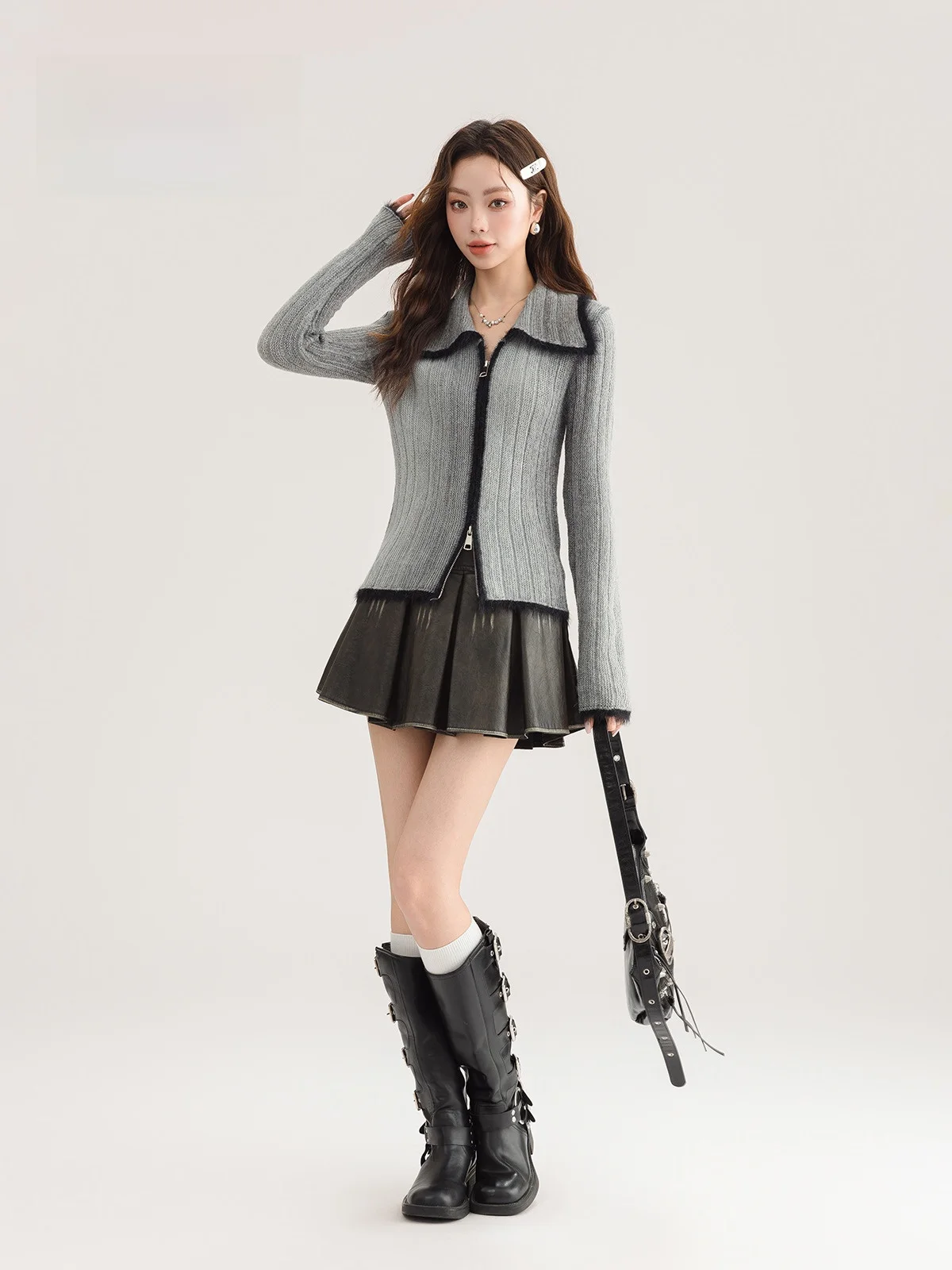 Forever2 Korean Series Slim fit Raw Gradient Sweater Women Autumn and Winter New Retro Double Zipper Lapel Top |