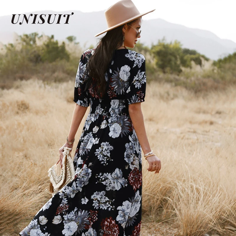 UNISUIT Spring Summer Long Floral Dress Women Sexy V Neck Short Sleeve Bandage Black Blue Yellow S -XL |