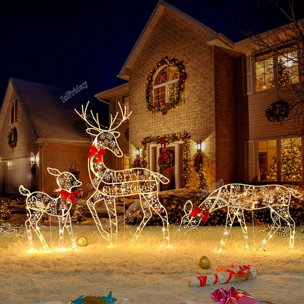 3PCS Handmake Iron Art Elk Deer Christmas Garden Decor &ampLED Light Glowing Glitter Reindeer Xmas Home Outdoor Yard Ornament