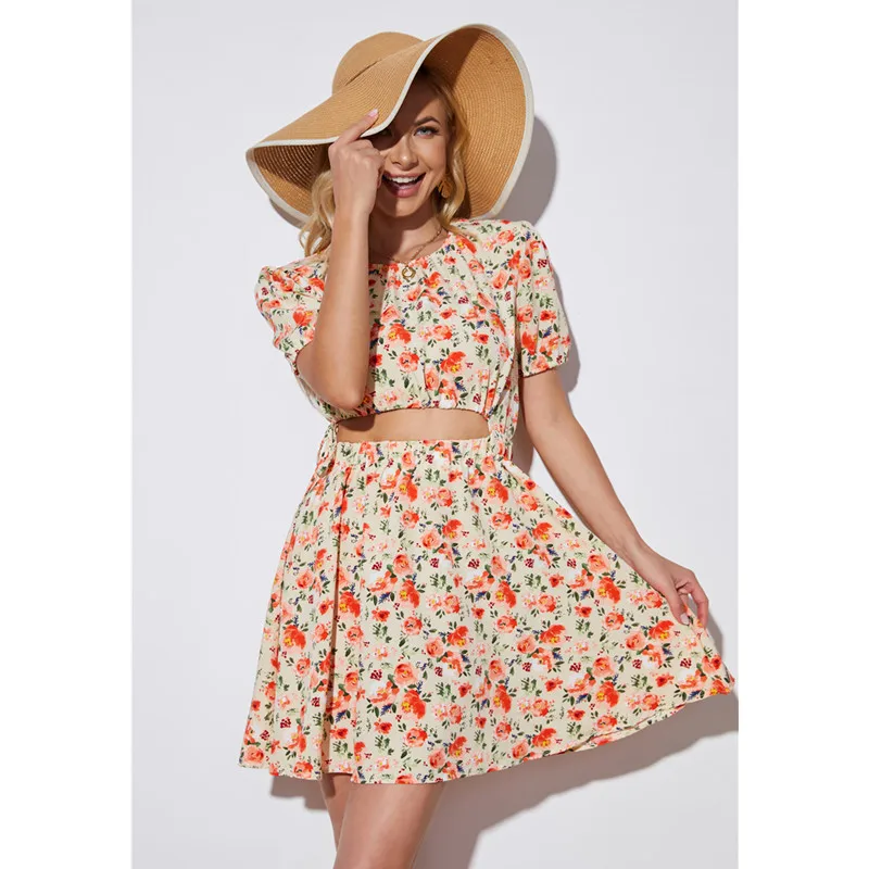 

Платье с имитацией двух частей и цветочным принтом, весенне-летнее праздничное платье с коротким рукавом и вырезом на талии, французская эл...