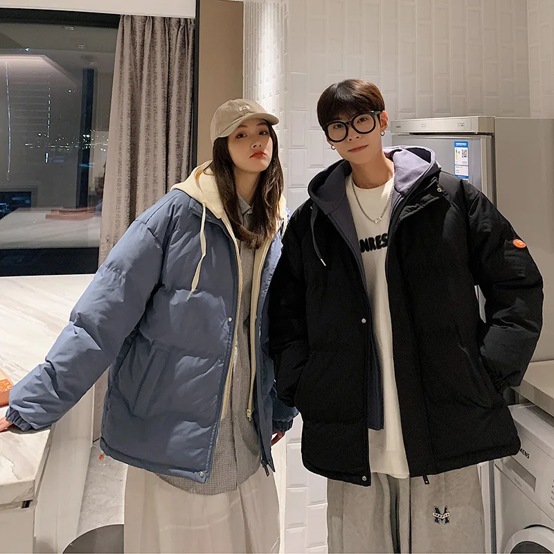 1PC Korean Fashion Couple Jacket Thickened Hooded Cotton Jacket Winter Jacket Couple's Loose Large Fake Two Piece Warm Coat 6XL