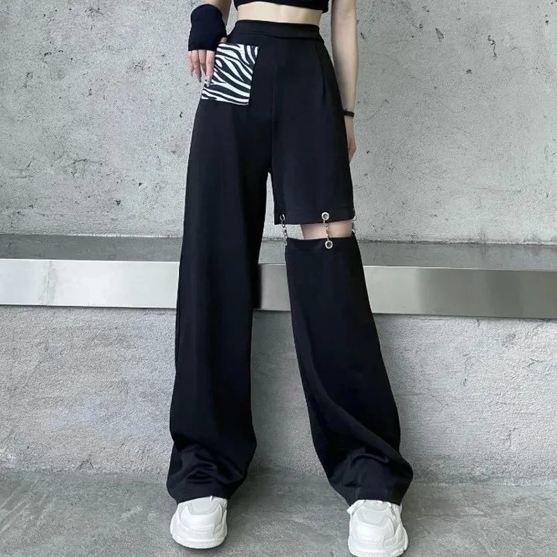

Emo Korean Gothic Streetwear Fashion Alt Black Wide Leg Cargo Pants Women Hollow Out Techwear Elastic Waist Patchwork Trousers