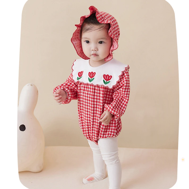 

Детский хлопковый комбинезон с длинным рукавом, с вышивкой в клетку