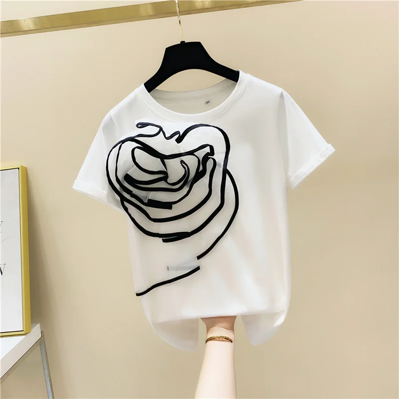 

Футболка с коротким рукавом, круглым вырезом и трехмерными цветами