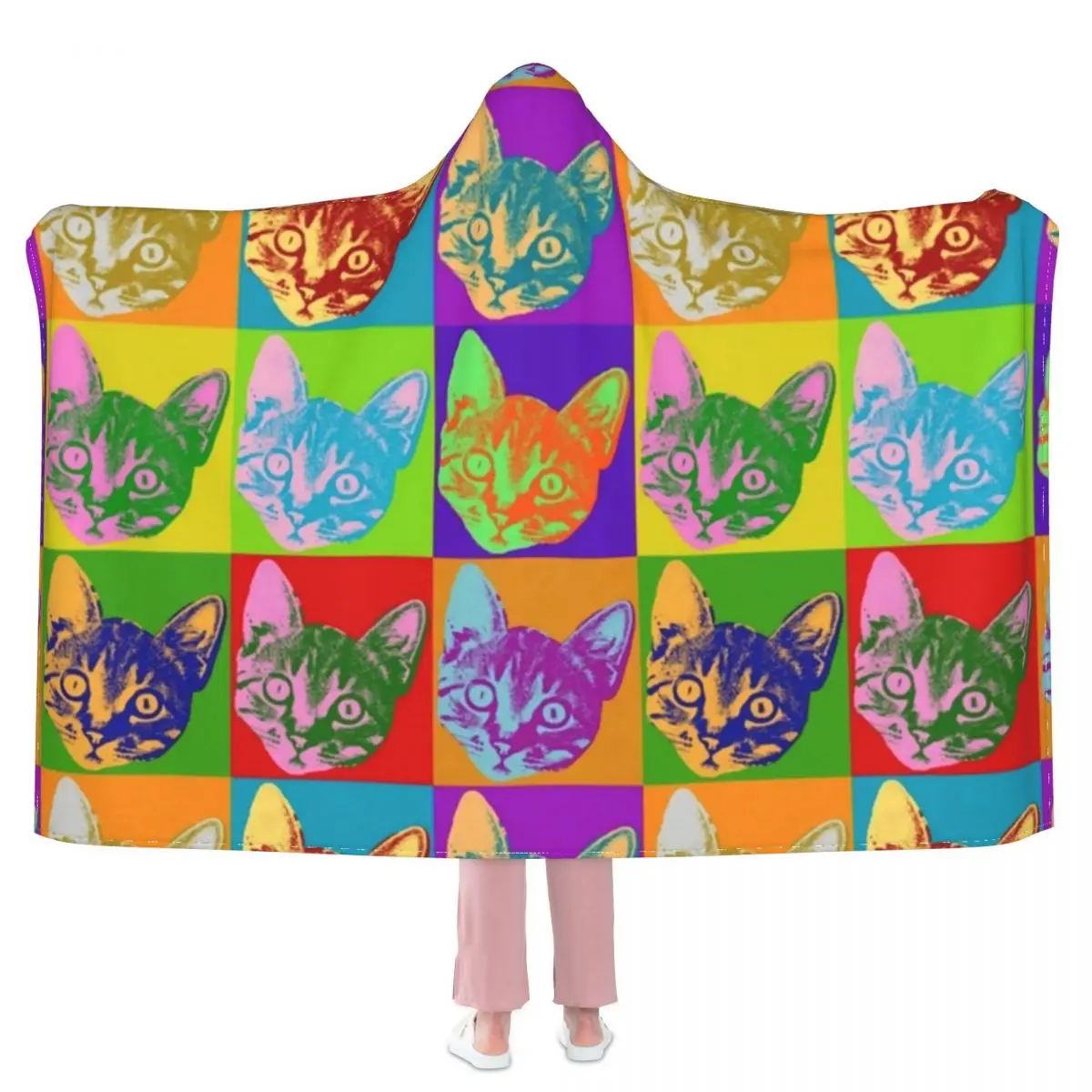 

Одеяло в стиле поп-арт с принтом кошек, Флисовое одеяло с большим капюшоном, мягкое модное покрывало для сна