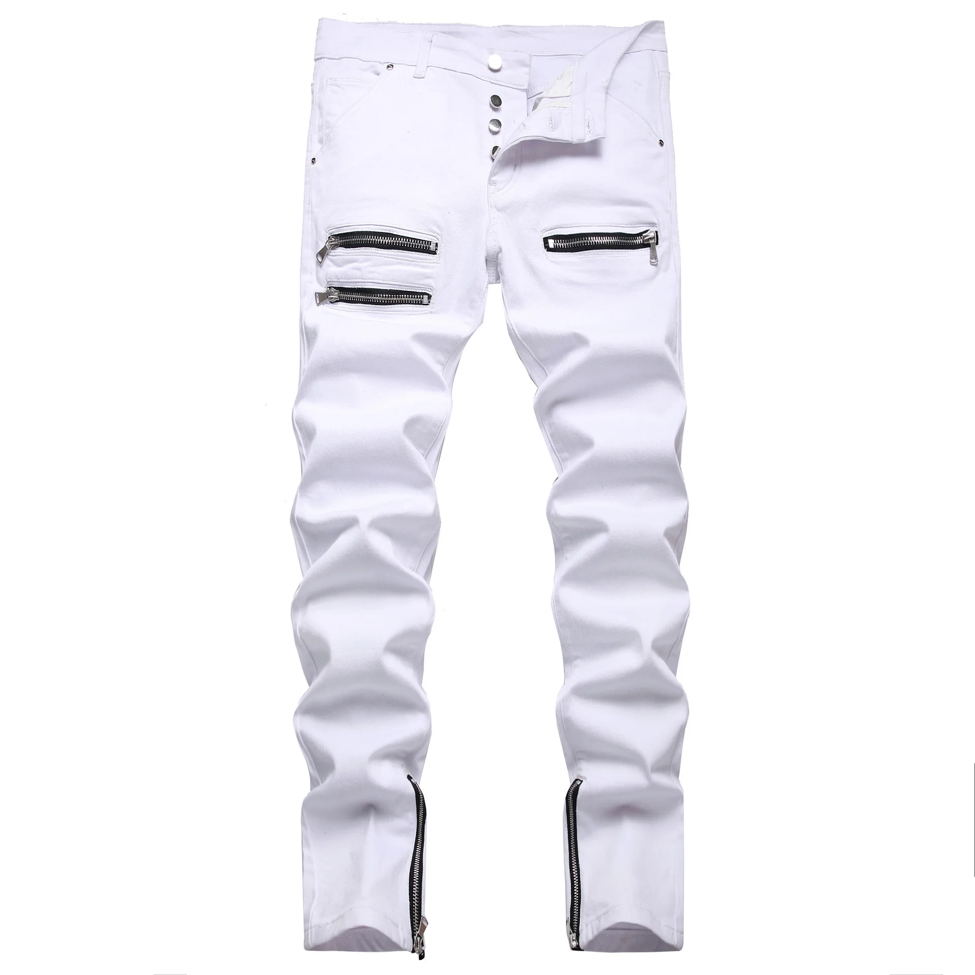 Fashion Button Mens White Biker Jeans Men's Distressed Stretch Ripped Hip Hop Slim Trousers Zipper Decorate Denim Cotton Pants