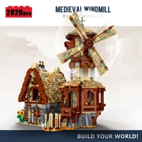 in stock moc medieval windmill town street view modular house building blocks constructor bricks model assembling diy child toy