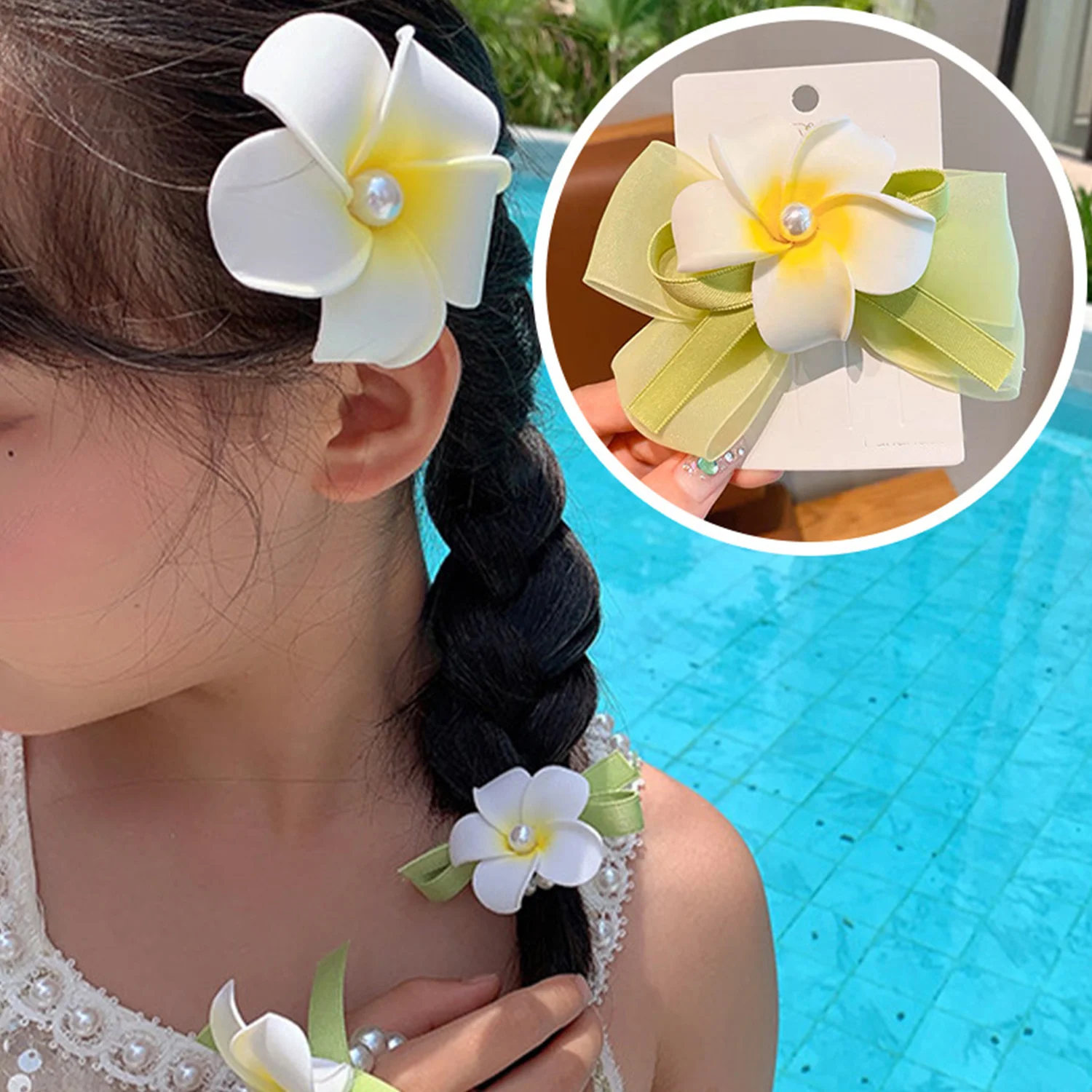

1PCS Plumeria Flower Bow Ribbon Hair Clips For Women Girls Floral Hairpins Summer Beach Holiday Wedding Party Hair Accessories