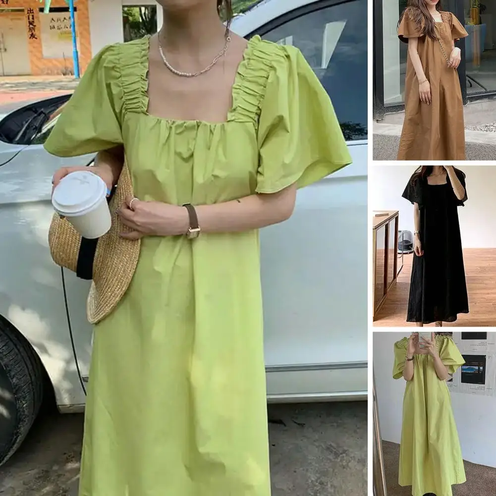 Women Summer Dress Loose Square Neck Vintage A-line Oversized Mid-calf Length Midi Dress Puff Sleeves Chic  Elegant Daily Folds