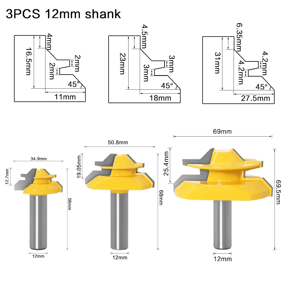 

12mm Shank 45-Degree Lock Miter Router Bits Set Woodworking Glue Joint Milling Cutters Kit for Stock Thickness 16.5&23&31mm