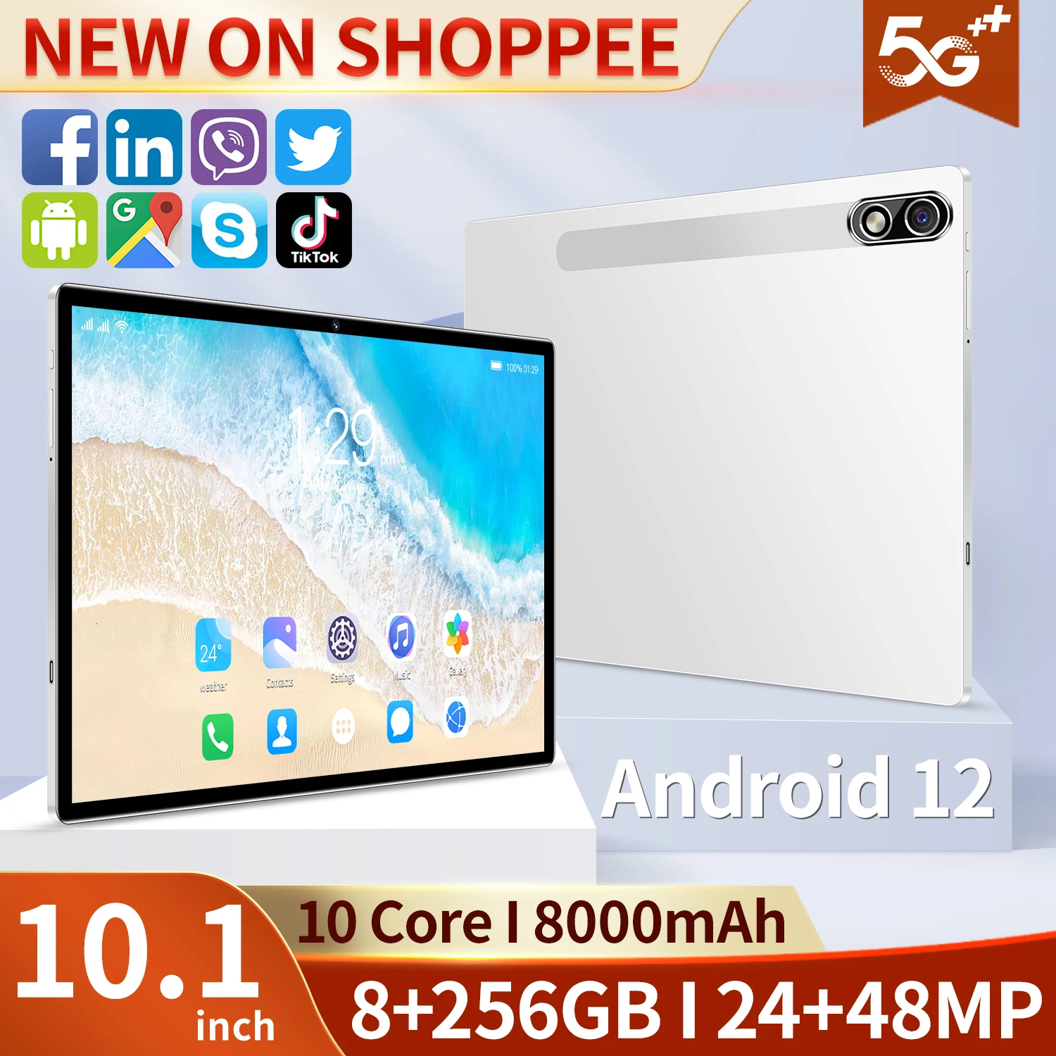 

New 10.1 Inch Tablets Android 12 Octa Core Phone Call Google Play 8GB RAM 256 GB ROM WiFi Bluetooth Type-C