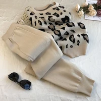 autumn womens long sleeve knitted sports suit sun protection cotton commuter sweater fashion leopard print two piece suit