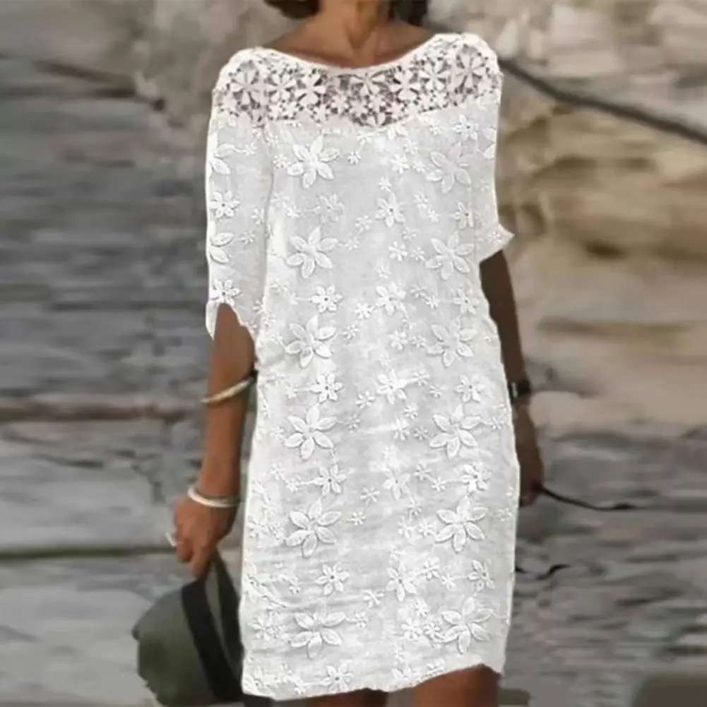 

Женское пикантное платье, белое ажурное кружевное платье, свободные платья миди с коротким рукавом, лето 2023, повседневное женское платье, платья, Халат