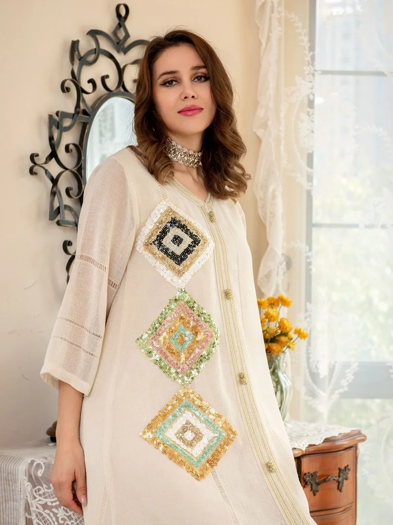 

Moroccan Luxury Caftan Sequin Dubai Evening Dress For Women Linen Abaya Ramadan Muslim Arab Turkish Ladies Robe Long Plus Size