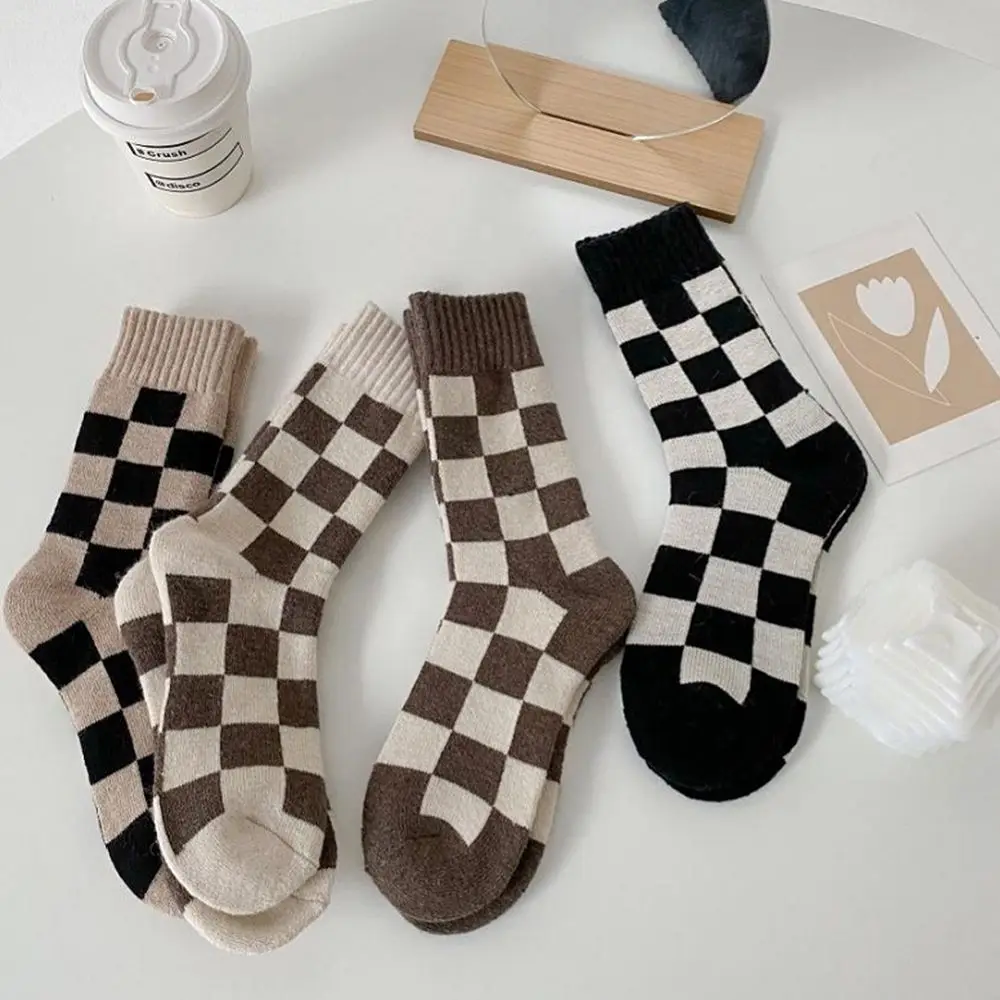 

Checkerboard Towel Socks Street Wear Winter Solid Colors Women Socks Mid-calf socks Korean Style Hosiery Wool Socks