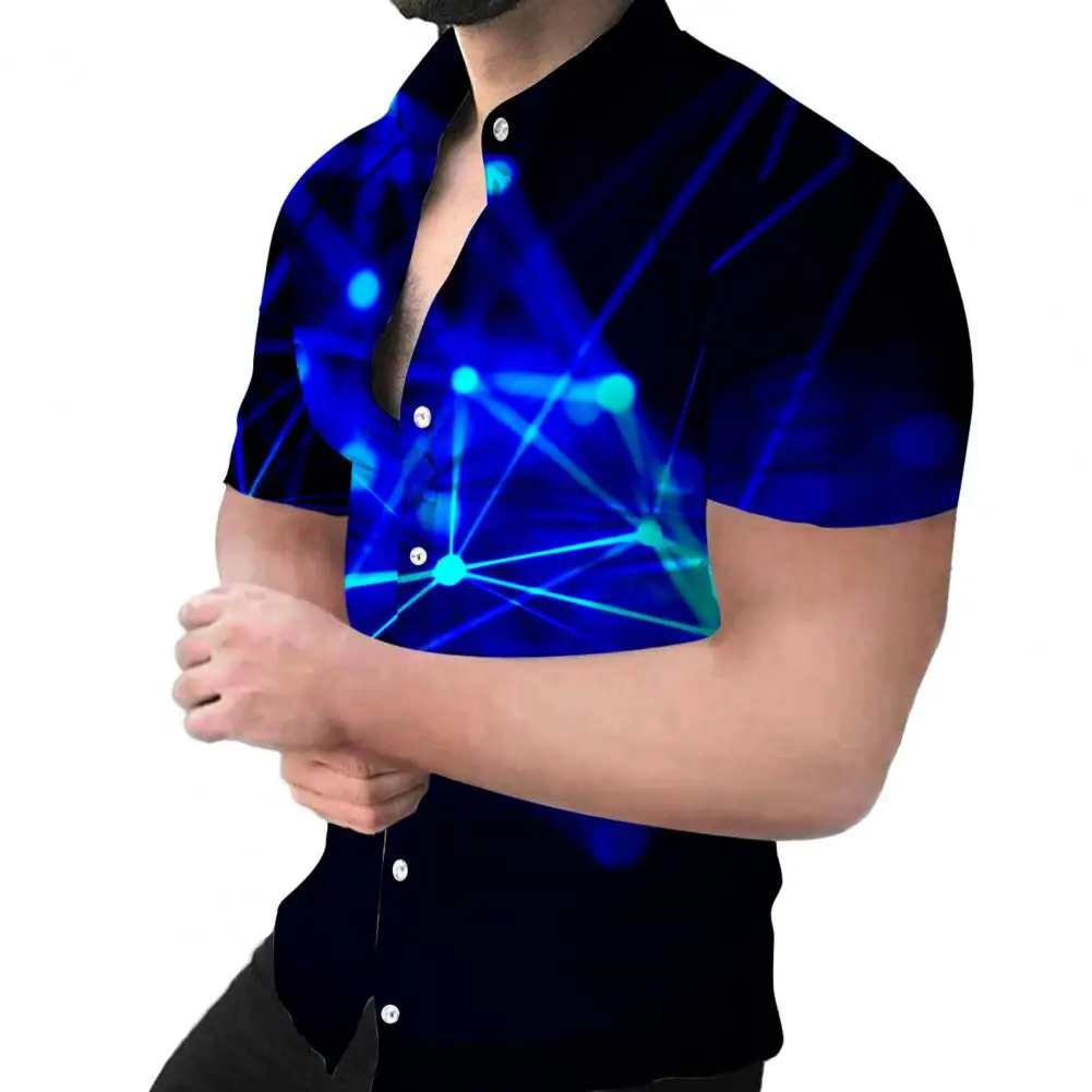 

Men Shirt Rich Colors Thin Manly Handsome Cool Pattern Single-breasted Slim Fit Bright Light Print Stand Collar Summer Shirt