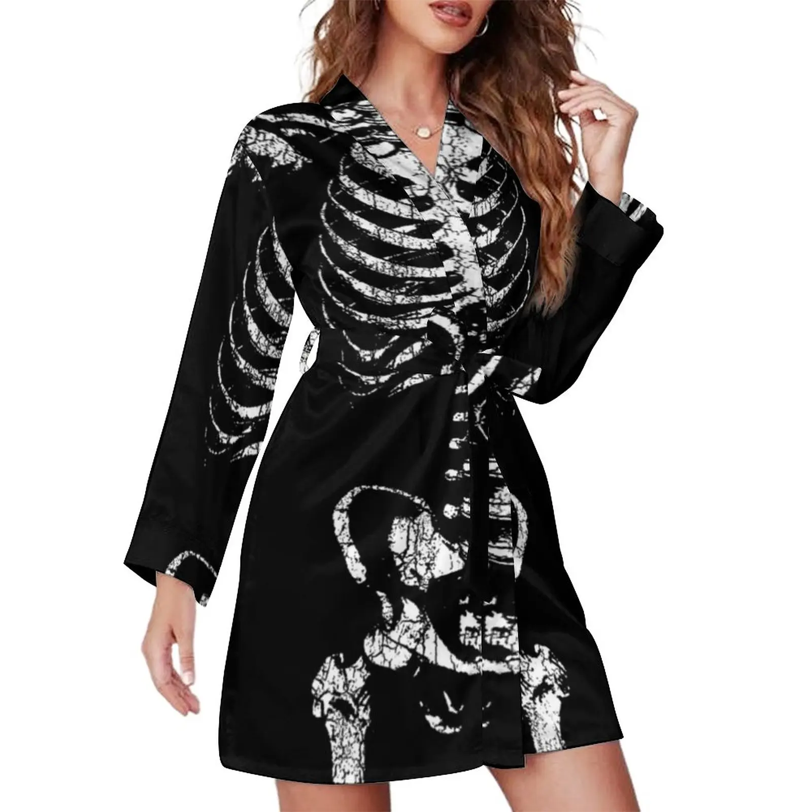 

Skeleton Pajama Robe V Neck Spare Ribs Trendy Wearable Art Printed Nightgown Long-Sleeve Fashion Pajamas Robes Casual Dress
