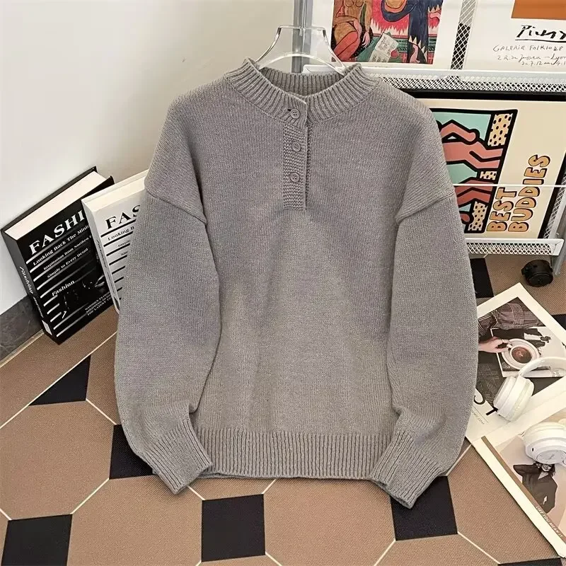 Greycleanfit Henry Collar Sweater Men's Autumn/Winter Style American Vintage Knitted Top Idle High-End Feel Jacket