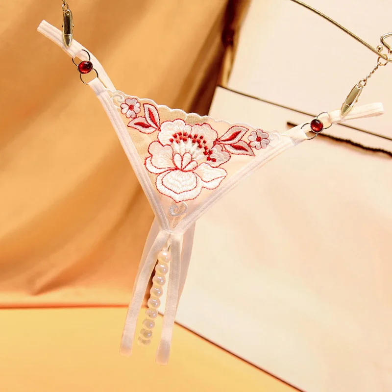 

Women Sexy Opening Crotch G-string Thong Lace Pearl Erotic Briefs Transparent Flower Embroidery Panties Female Pantys Underwear
