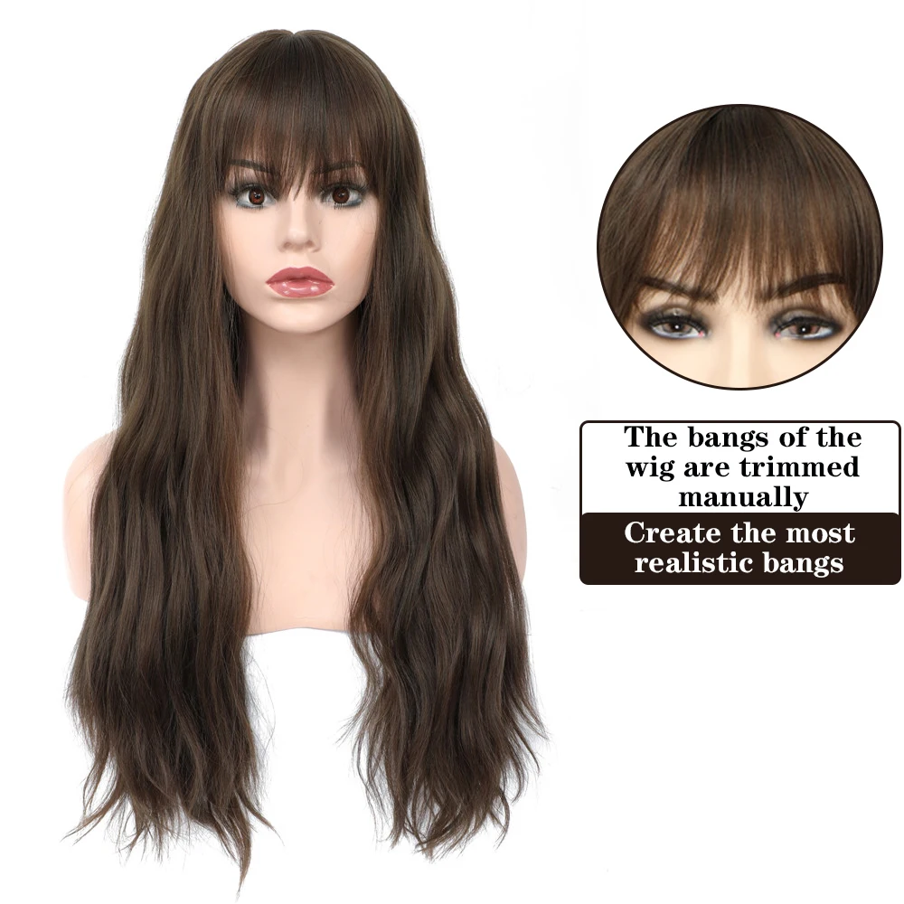 Long Natural Wave Ash Brown Synthetic Hair Wig With Finger Bangs Glueless Machine Made Heat Resistant Wigs X-TRESS Cosplay Party |