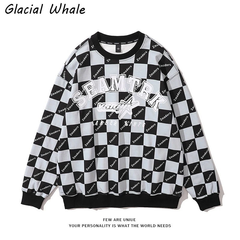 

GlacialWhale Mens Crewneck Sweatshirt Unisex Couple New checkerboard Print Gradient Oversized Streetwear Mens Black Hoodie Woman