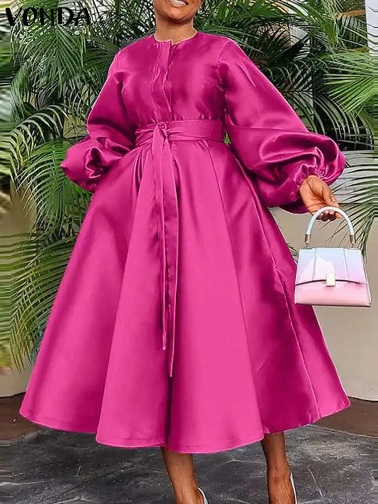 

2023 VONDA Elegant Women Party Dress Long Lantern Sleeve Satin Pleated Midi Sundress Casual Loose Solid Oversize Robe Belted