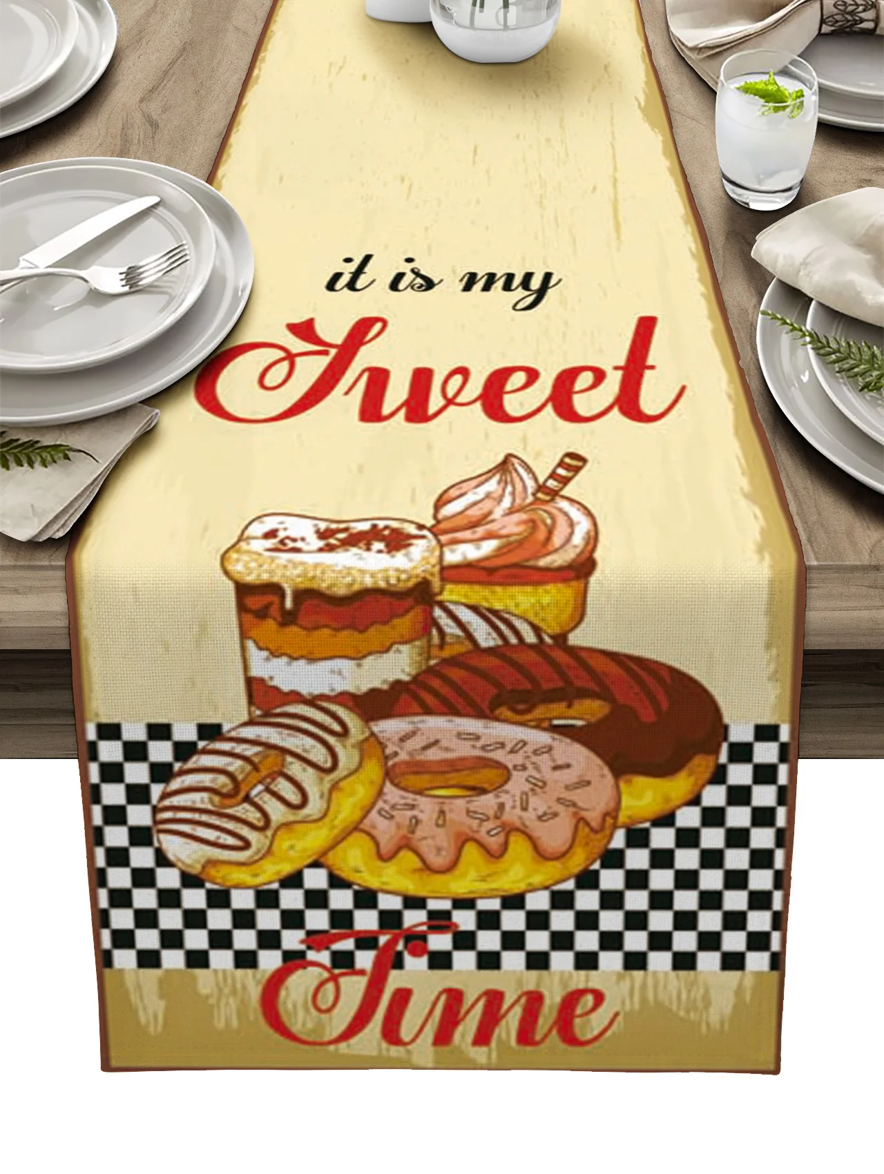 

Dessert Food Donut Plaid Table Runners Kitchen Table Decoration Dining Table Runners Wedding Party Table Decor