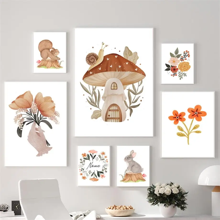 

Bear Rabbit Flower Mushroom Woodland Nursery Boho Wall Art Canvas Painting Posters And Prints Wall Pictures Baby Kids Room Decor