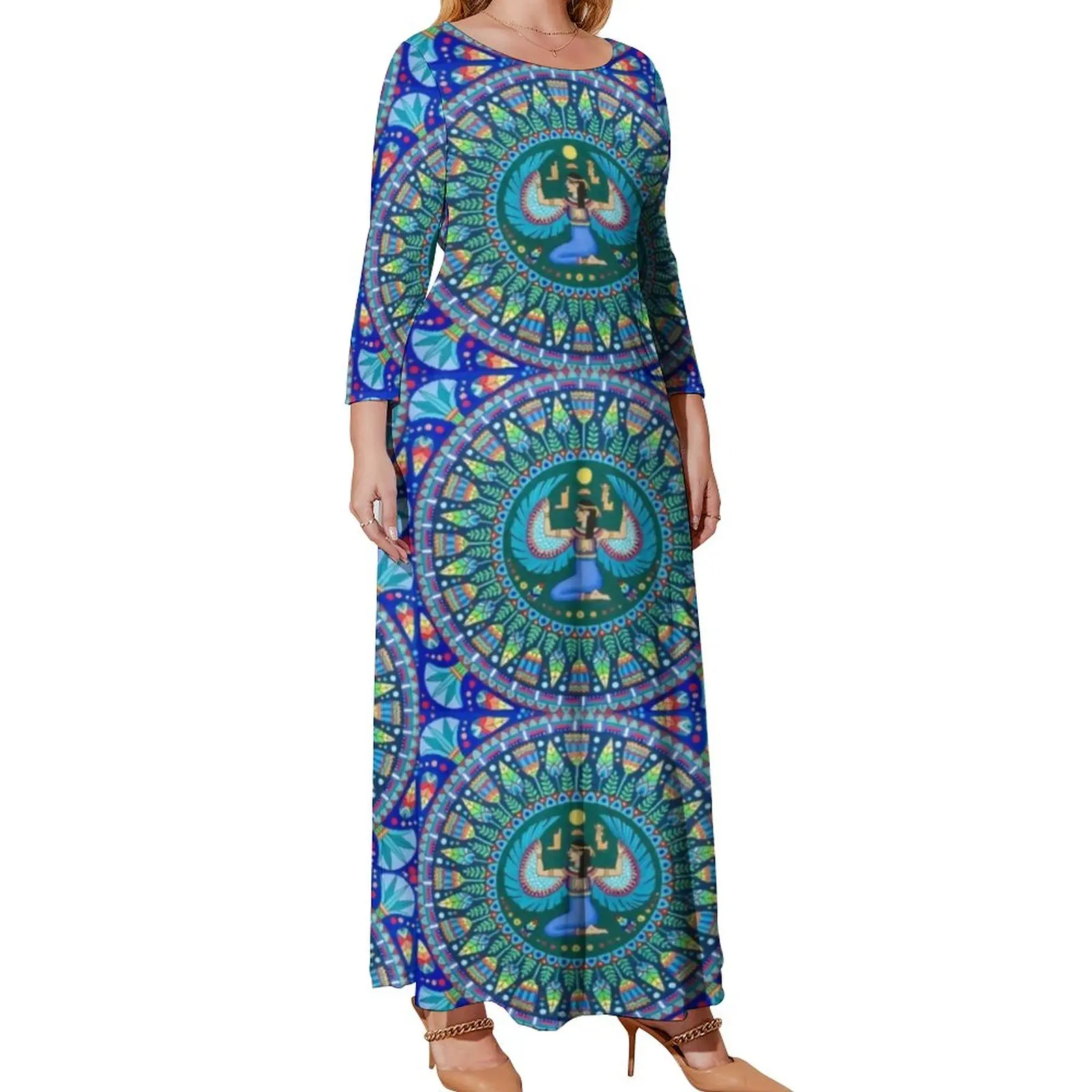 Vintage Mandala Print Dress Long Sleeve Egyptian Goddess Cute Maxi Dress Street Wear Boho Beach Long Dresses Plus Size 4XL 5XL