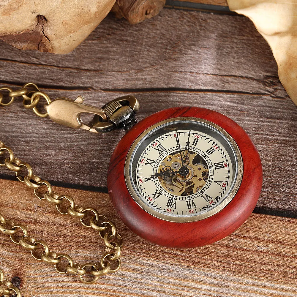 Wooden Case Mechanical Pocket Watch Hand Winding Steampunk Skeleton Fob Watches Chain Romans Necklace Pendant For Men Women