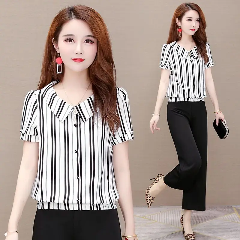 

Korean Version Striped Shirt Short Sleeved Short Doll Neck Bottoming Blouse Summer New Top M-3XL