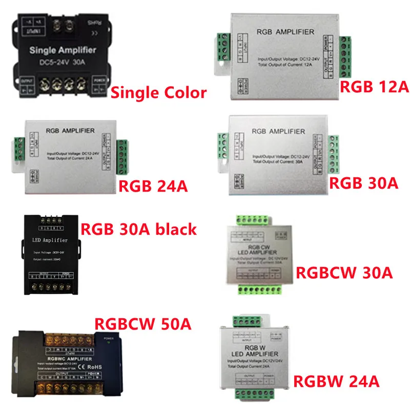 

LED Amplifier Controller Single Color/RGB/RGBW/RGBWW RGB+CCT DC5V12V/24V 12A/24A/30A/50A 1CH/3CH/4CH/5CH Strip Power Repeater