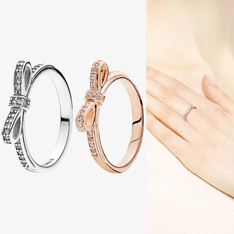 

925 Sterling Silver Pan Ring Rose Gold With Crystal Cz Bow Ring For Women Wedding Party Gift Fashion Jewelry