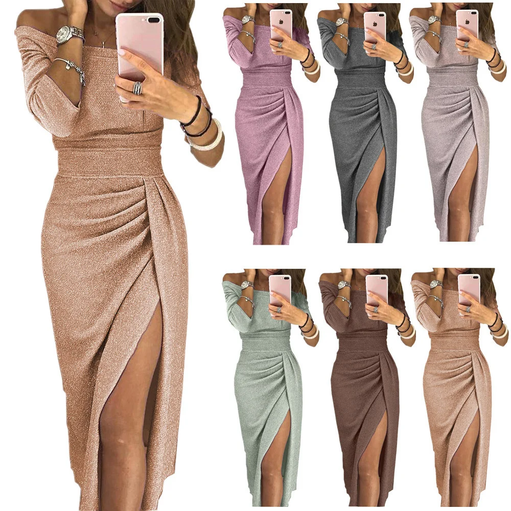 

2023 New Women's Off Shoulder Long Sleeve Bodycon Evening Party Long Dress Asymmetrical Split Pencil Dresses Official Clothing