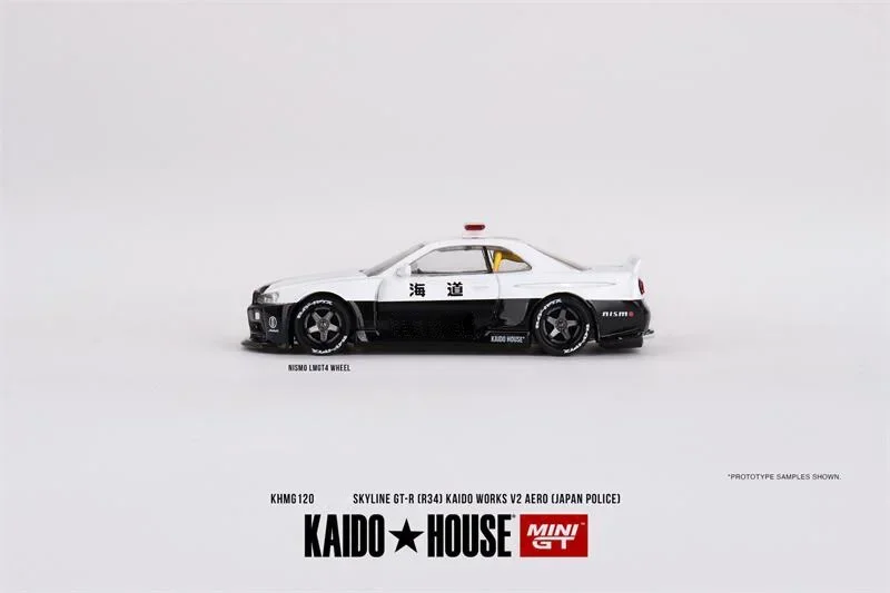 Kaido House x MINI GT 1:64 Skyline GT-R R34 Works (V2 Aero) Полицейская модель автомобиля под давлением