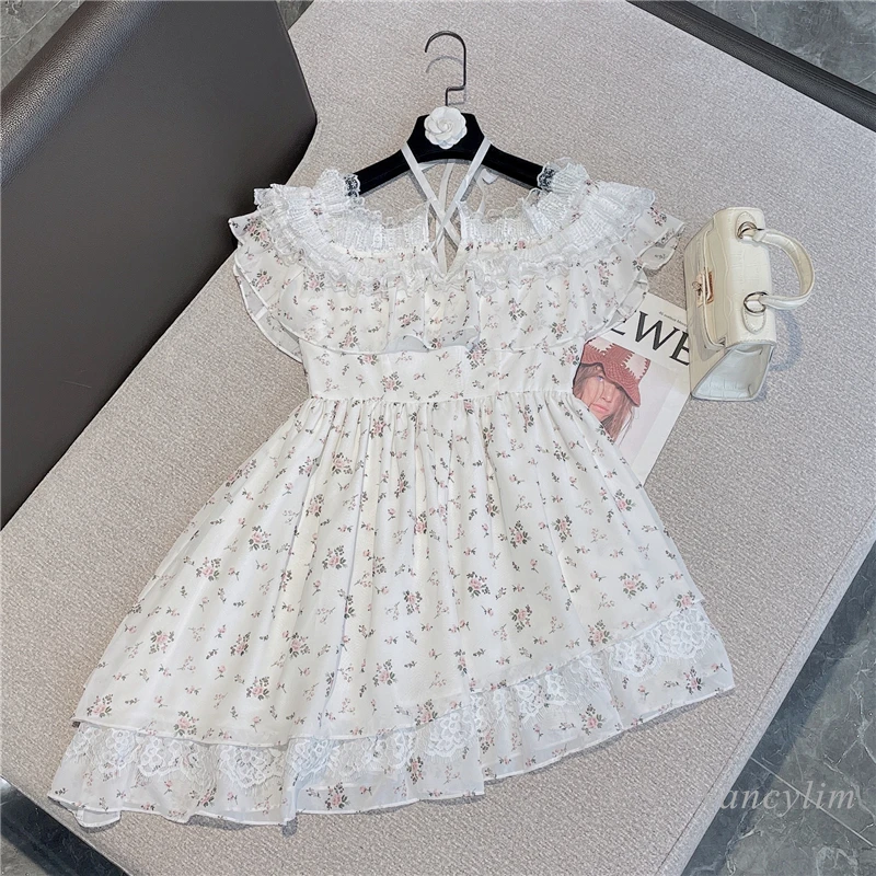 

2022 Summer Vacation Seaside Dress for Women New Retro Lace Sexy Slash Collar Slim-Fit Halter Oblique Floral Dresses Mujer