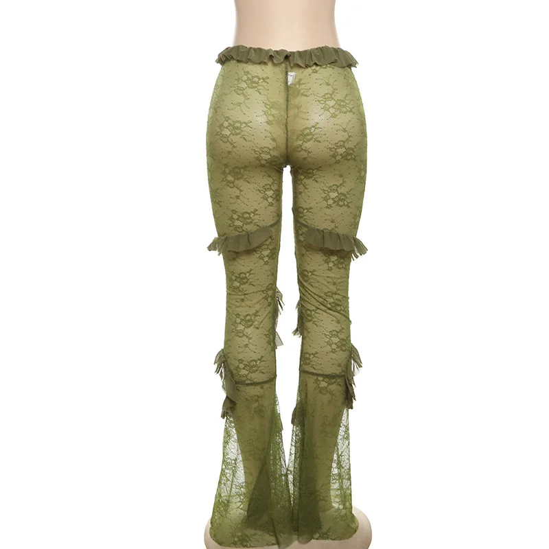 Сексуальные прозрачные зеленые кружевные брюки-клеш с рюшами женские брюки для
