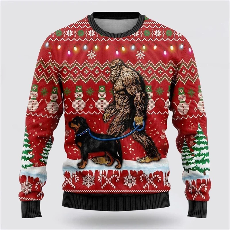 Gorilla Walking The Dog Christmas Sweatshirt Unisex 3D Printed Snowman Novel Street Long Sleeve Sweatshirts Hip Hop Hoodies