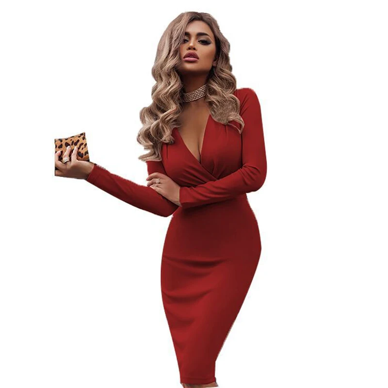 

Pure Color Slim New Women's Dresses Popular Deep V Ruffle Hip Spring Autumn Middle Waist Long Sleeve Hedging Knee Length Dress