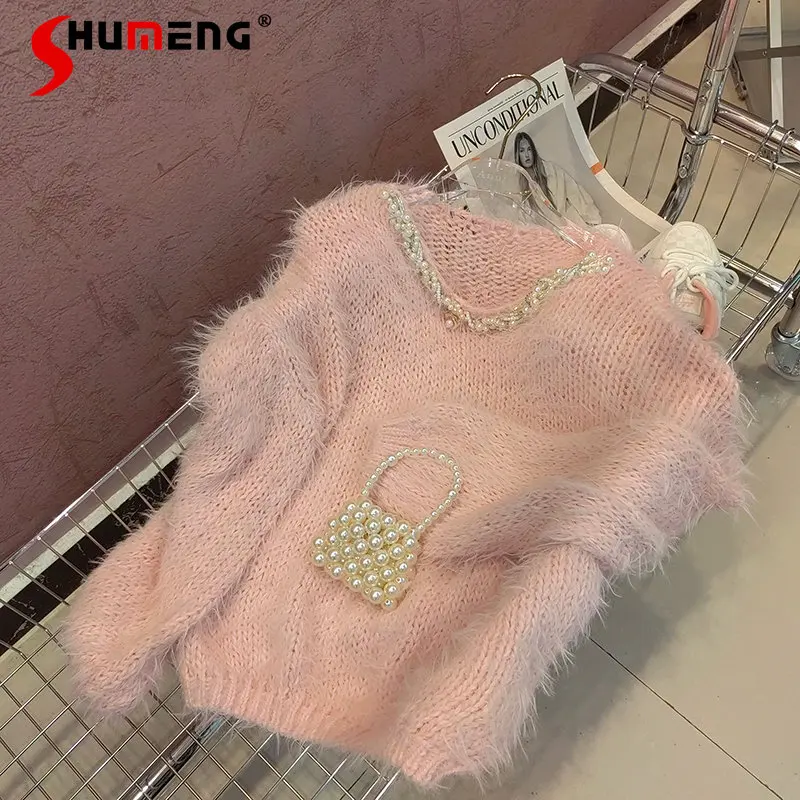 European New Ladies Fashion Sweet Trendy Beads Off-Neck Sweater Women's 2022 Fall Winter Fairy Simple Cute Pullover Knitted Top