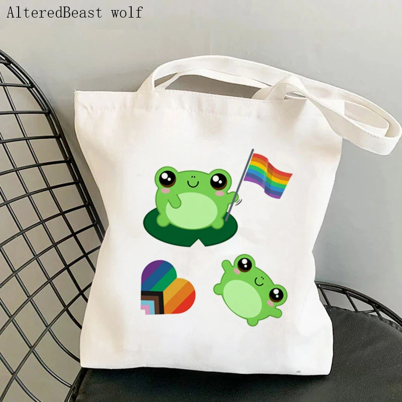 

Women Shopper bag Kawaii Froggy Waving LGBTQIA Pride Flag Bag Harajuku Canvas Shopper Bag girl handbag Tote Shoulder Lady Bag