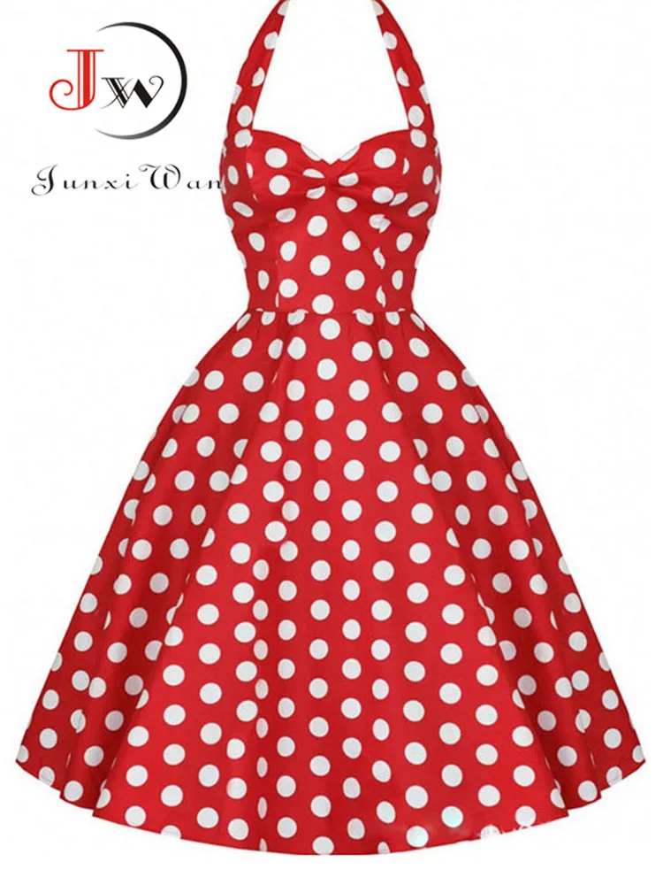 

Summer Casual Dress Women Polka Dot Retro Swing Gown Pin Up Robe Vintage 60s 50s Rockabilly Sundress